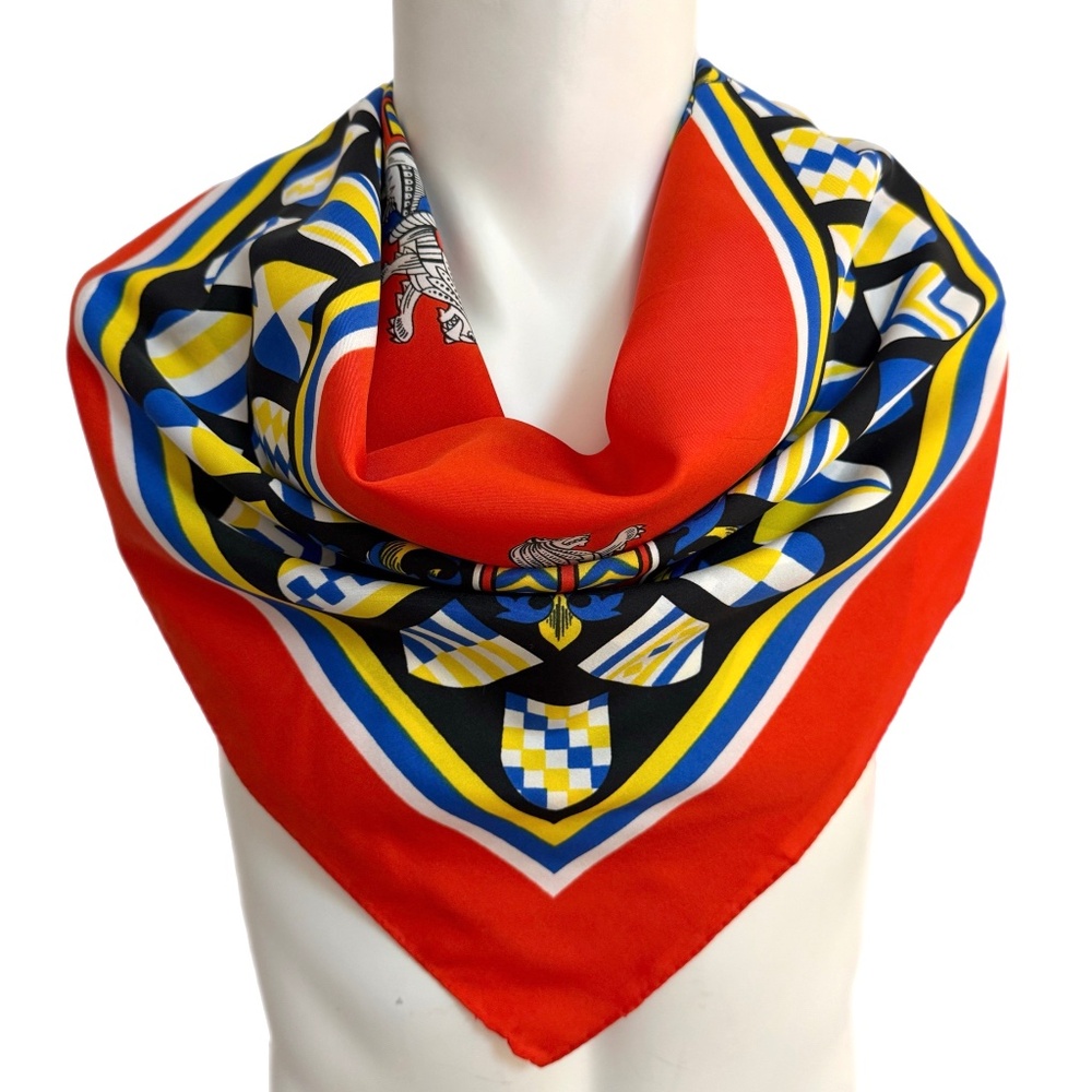 Vintage Silk Scarf – Heraldic Crest Print – Hand Rolled – 29” Square